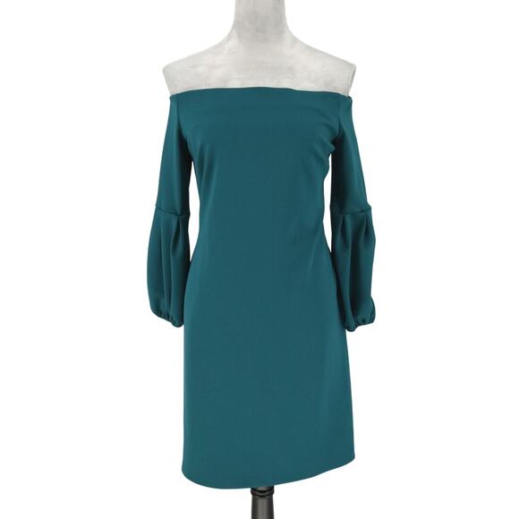 Vince Camuto Dress Womens Small Green Lined Off Shoulder Stretch Knit Bell Slvs - Picture 1 of 8